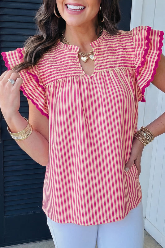 Lavendar Lane Clothing rose stripe short sleeve blouse with shirred yoke and ruffled details, lightweight and stylish for warm weather.