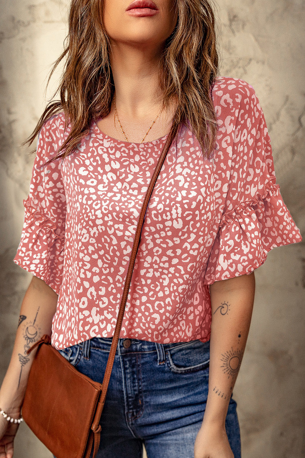 Pink Leopard Spotted Ruffle Sleeve Blouse