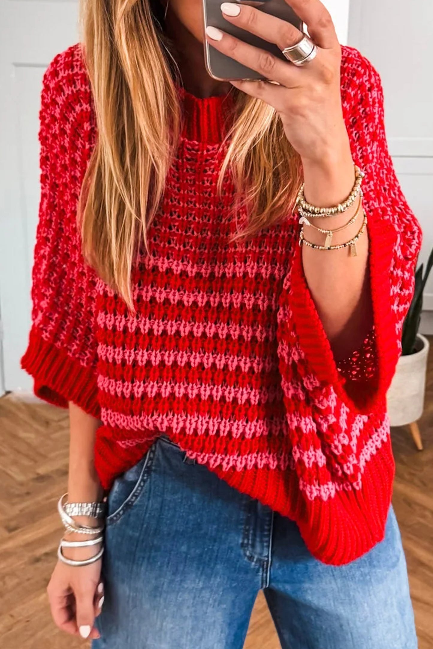 Lavendar Lane Clothing red stripe 3/4 draped sleeve slouchy sweater, casual knit with relaxed fit and stylish design.