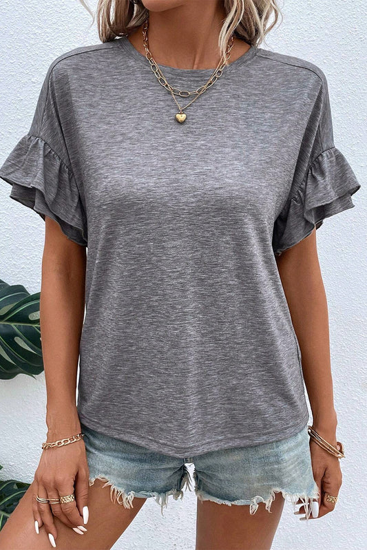 Medium Grey Tiered Ruffle Sleeve Crew Neck Drop Shoulder Top