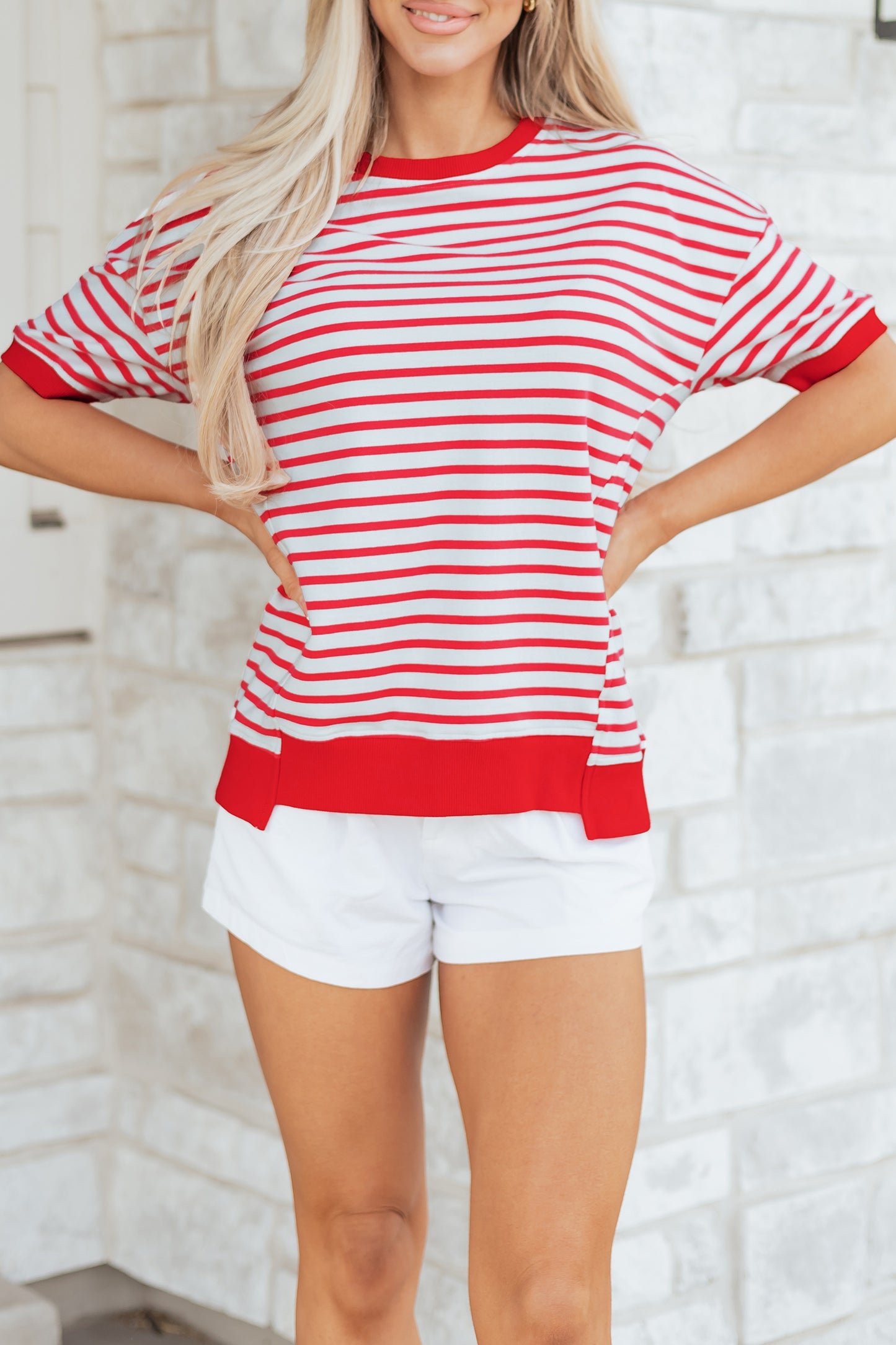 Red Stripe Drop Shoulder Half Sleeve Top