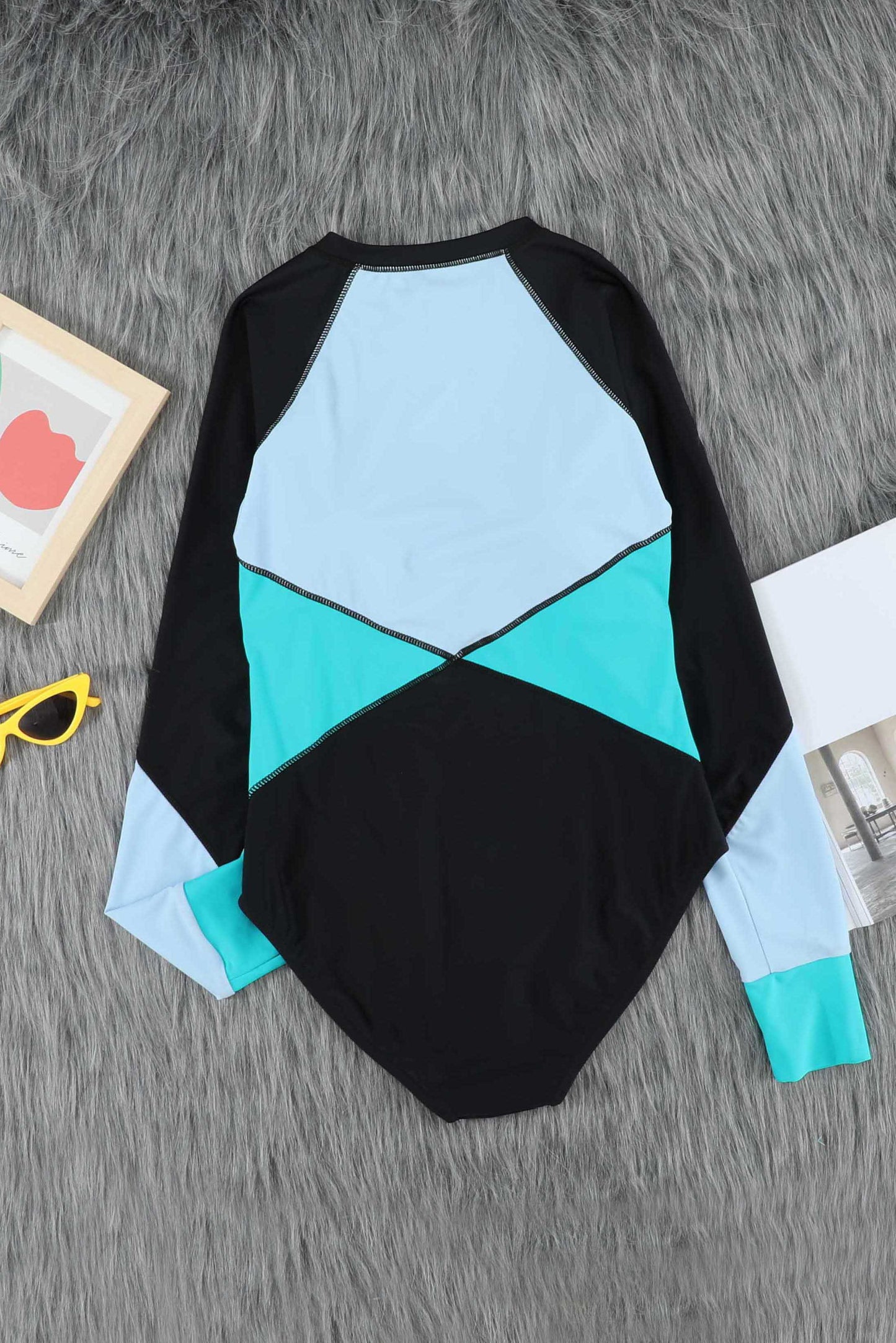 Green  Color Block Zipper Long Sleeve Rash Guard Swimwear