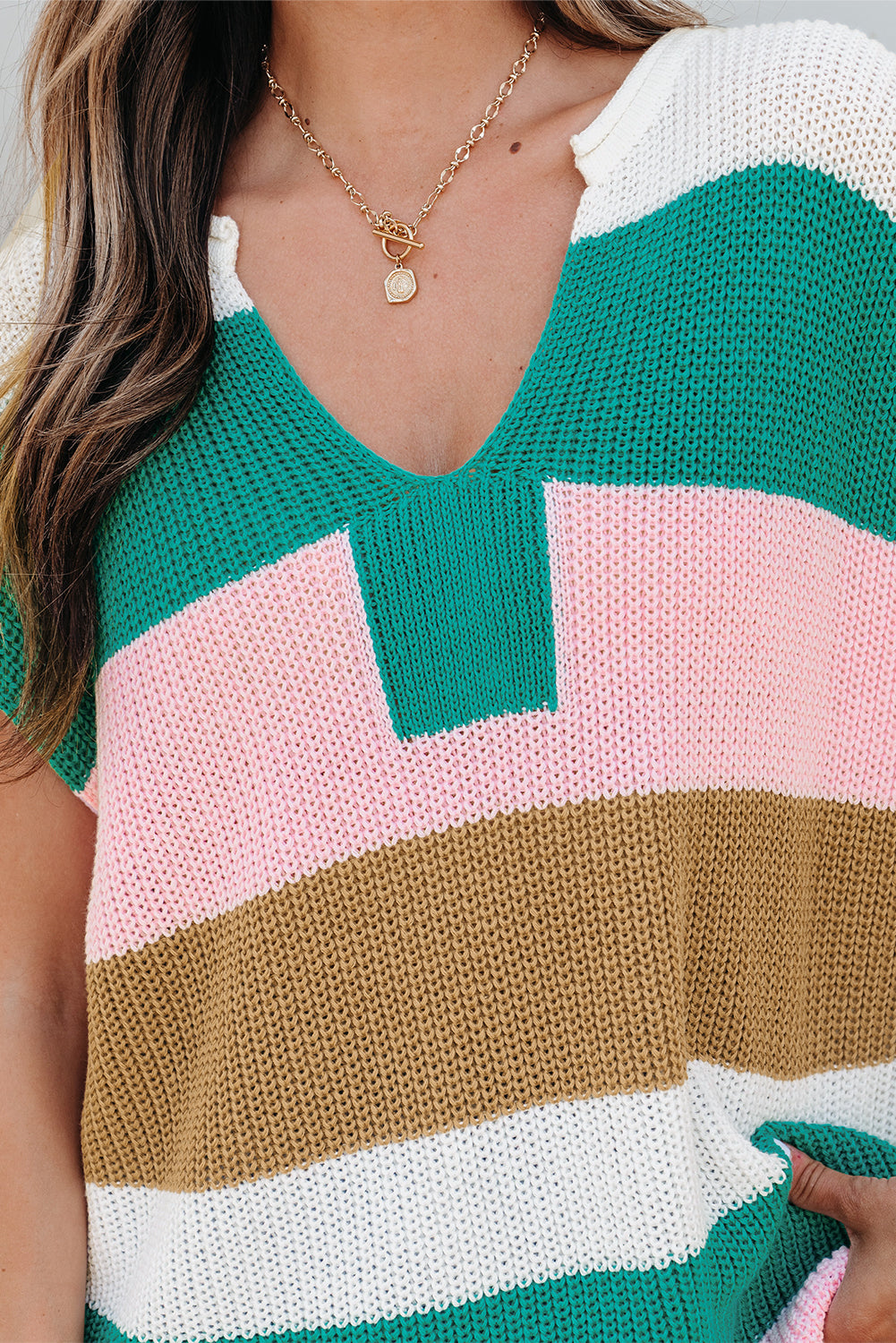 Multicolor Color Block Notch V Neck Sweater