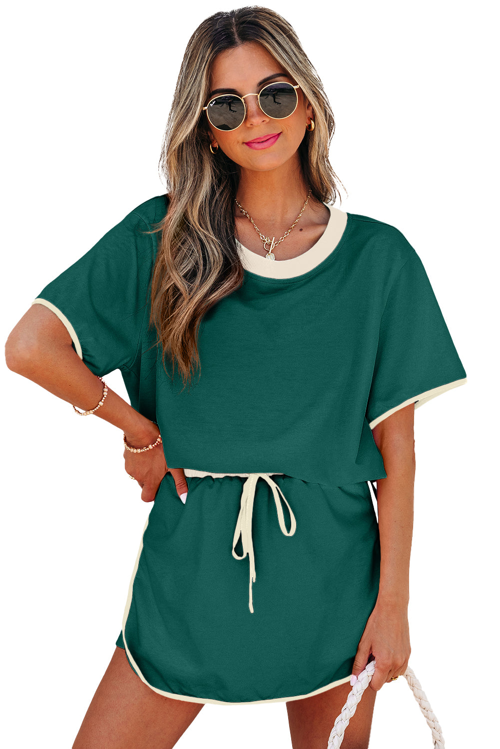 Evergreen Colorblock Edge Drop Shoulder Top and Skort-2Pcs Set