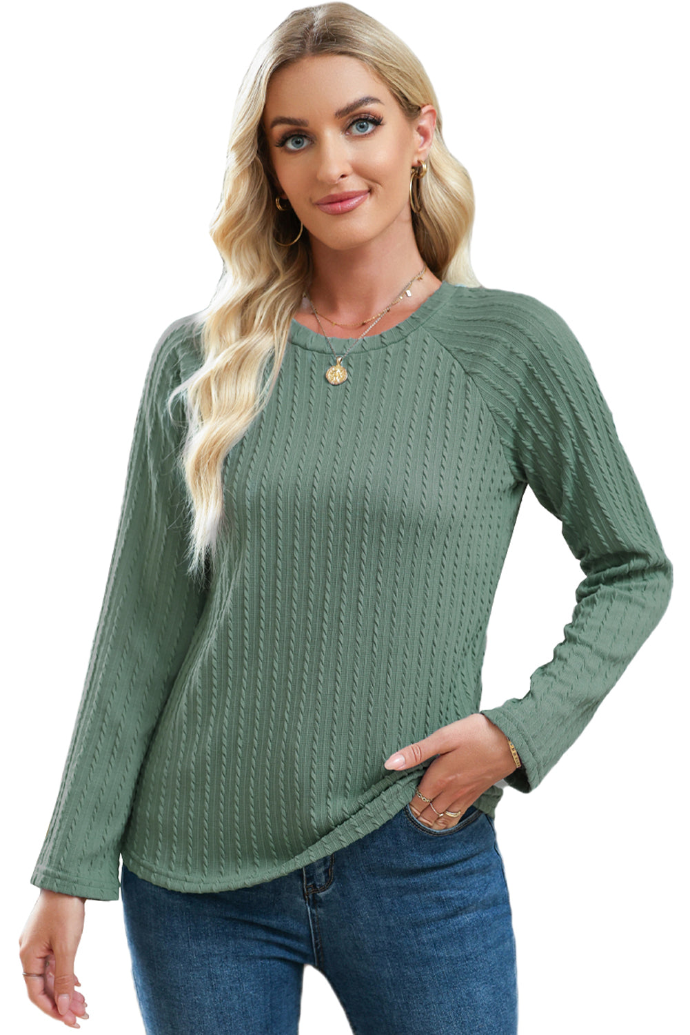 Green Ribbed Round Neck Knit Long Sleeve Top