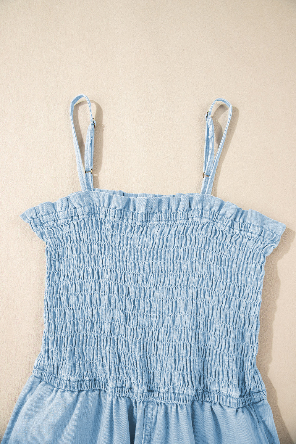 Beau Blue Spaghetti Strap Smocked Denim Romper