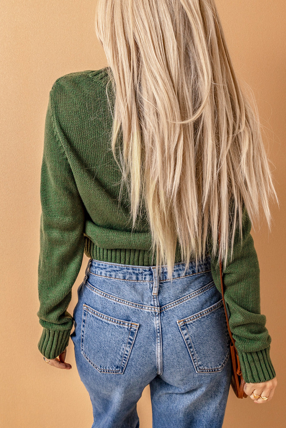 Green Front Pockets Buttons Textured Cardigan