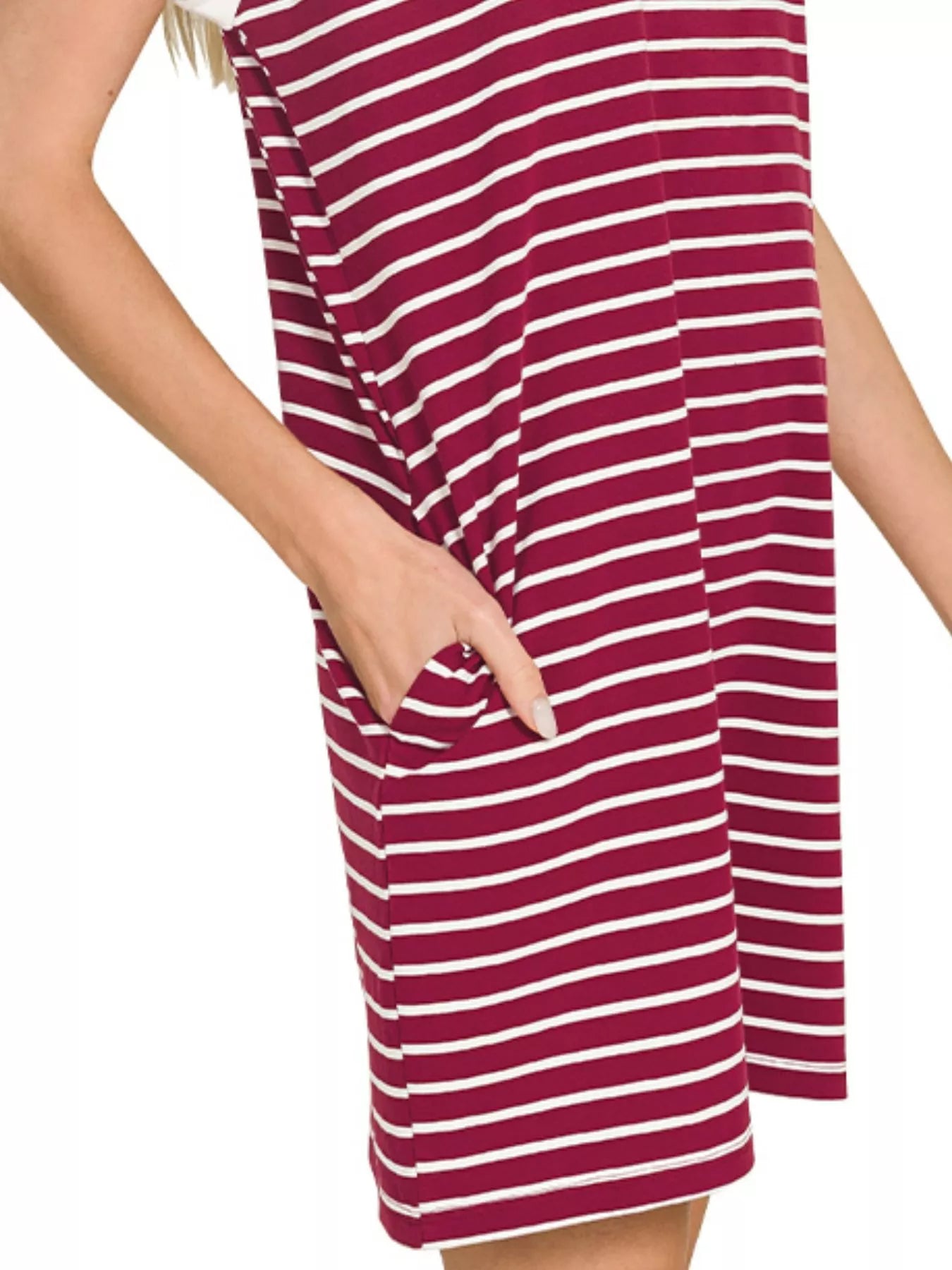 Lavendar Lane Clothing contrast trim striped T-shirts dress showing a casual, stylish dress with bold horizontal stripes and trim details.