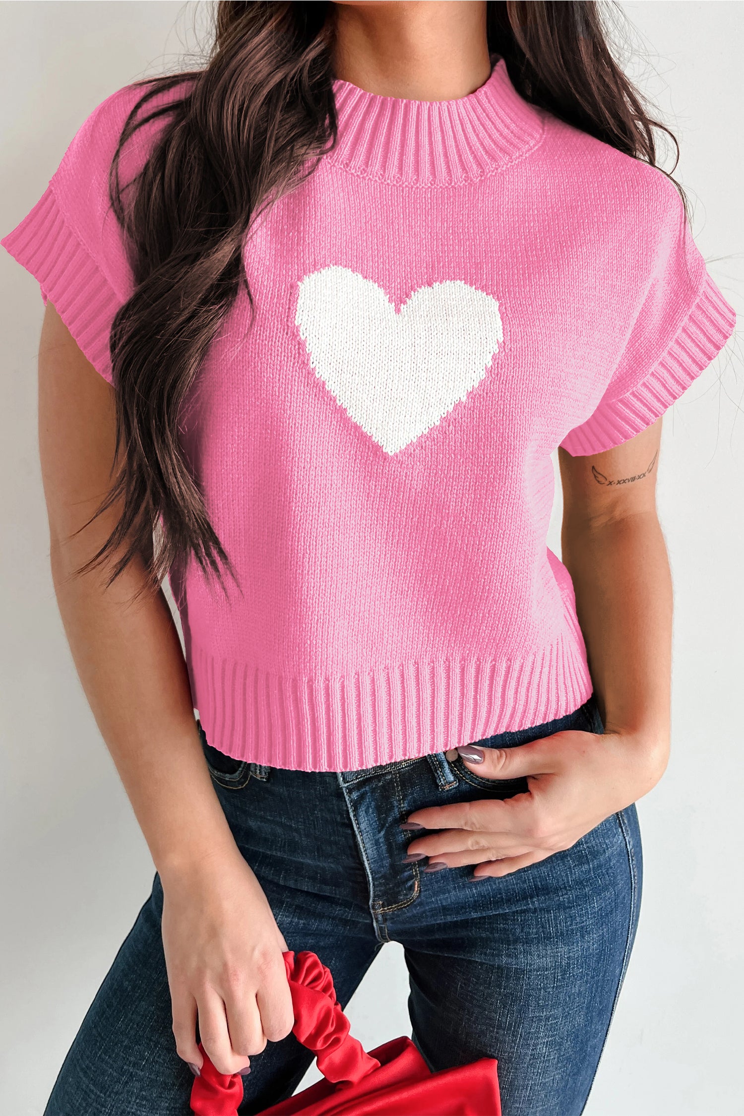 Pink Valentine heart graphic cropped short sleeve sweater by Lavendar Lane Clothing, featuring a cute heart design on the front.