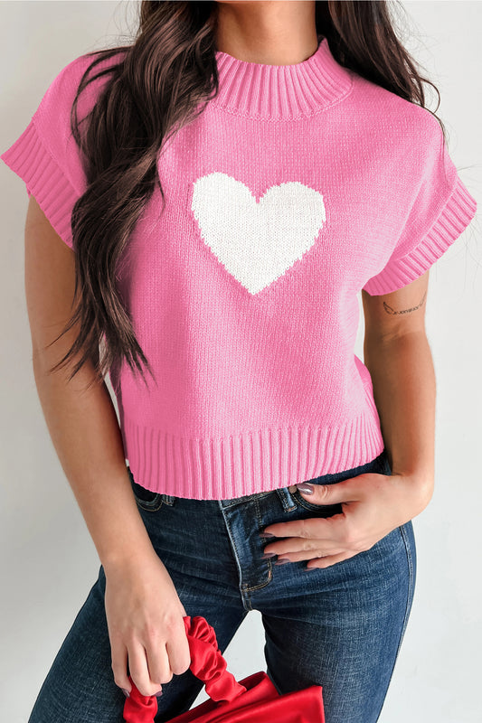 Pink Valentine heart graphic cropped short sleeve sweater by Lavendar Lane Clothing, featuring a cute heart design on the front.
