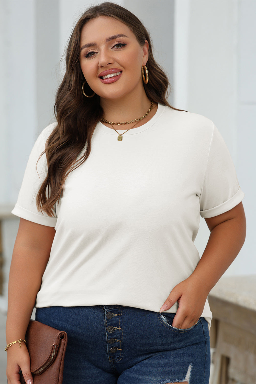 White Casual Plain Crew Neck Top