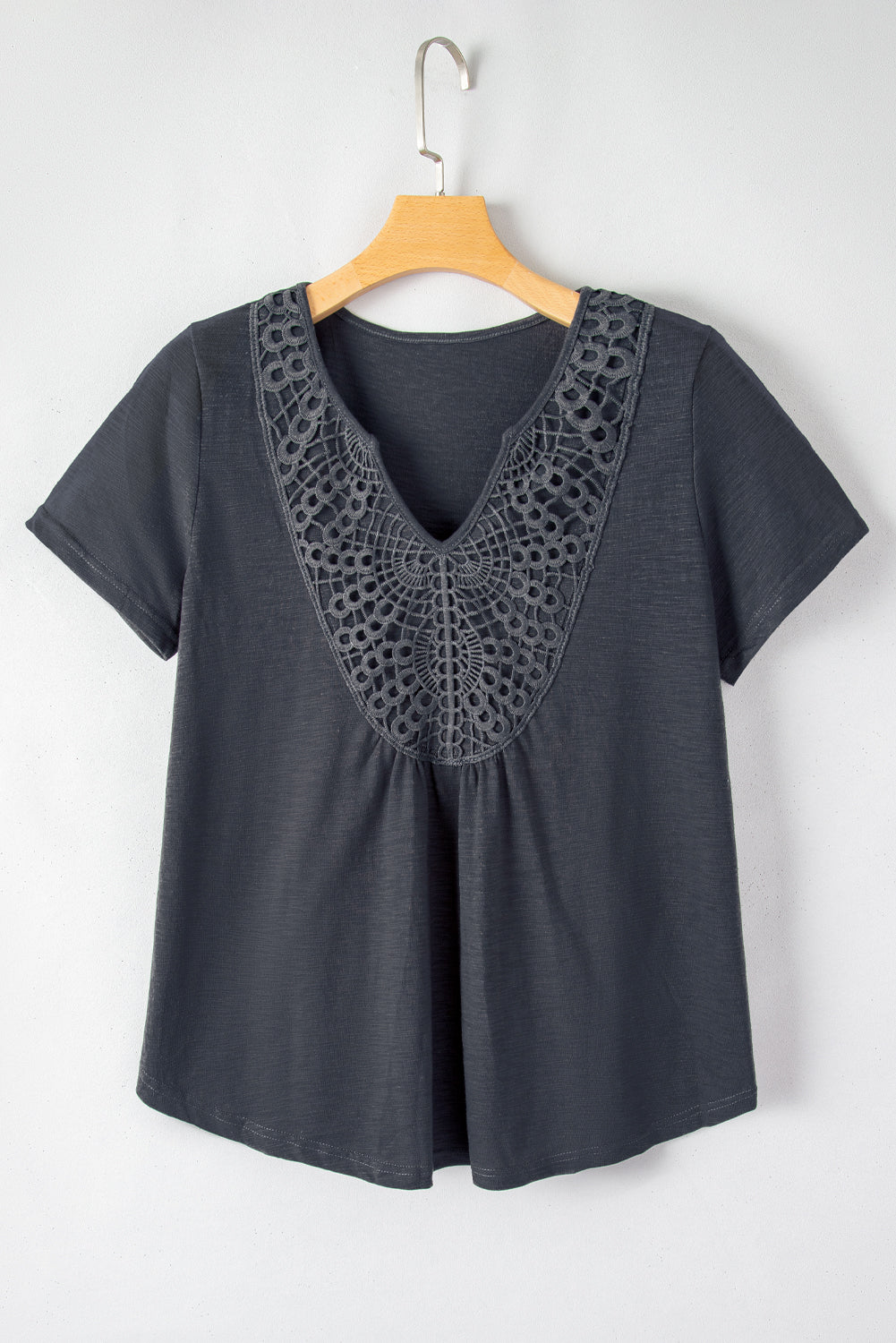 Gray Lace Crochet Patchwork V Neck T Shirt