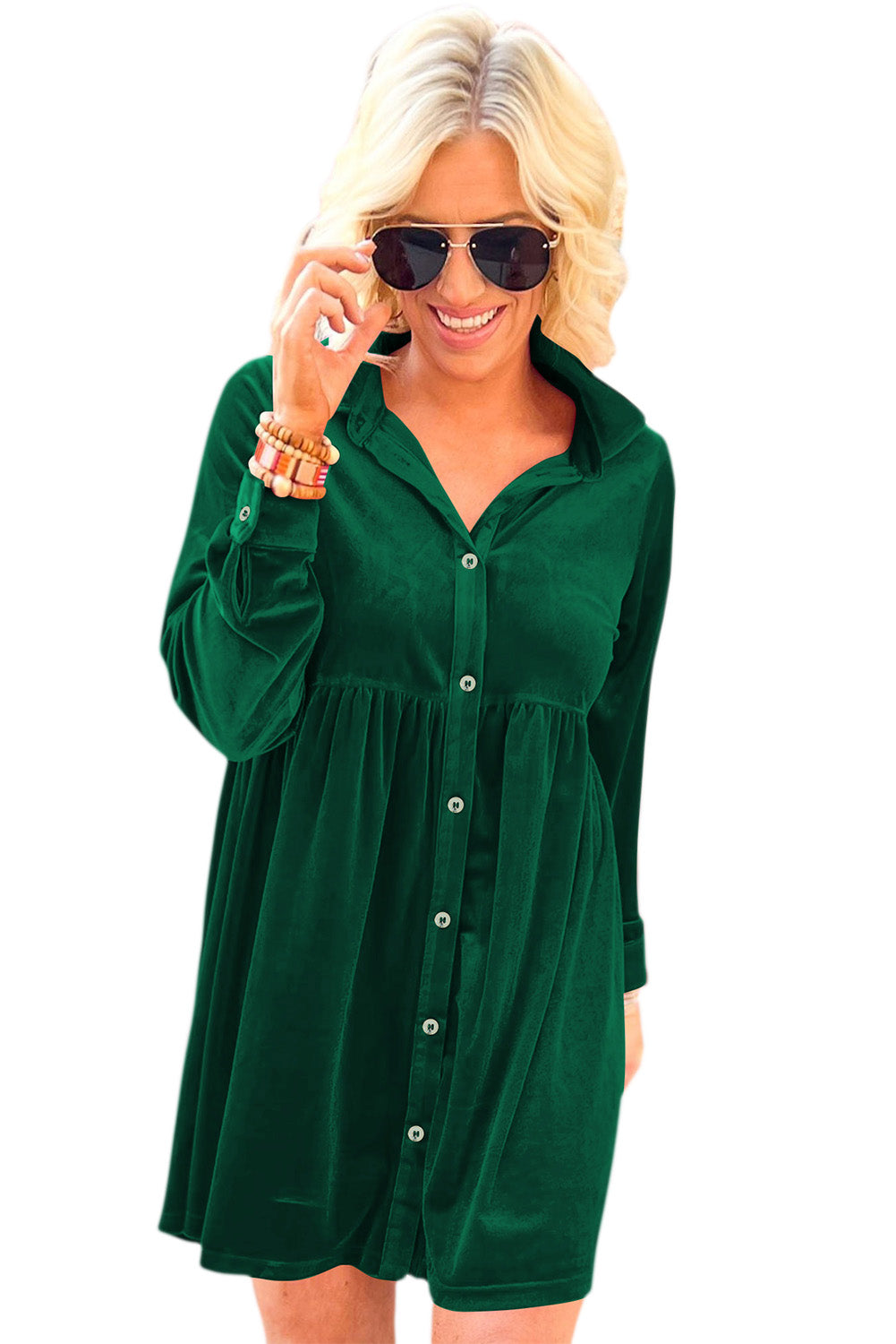 Green Long Sleeve Ruffle Velvet Button Up Dress