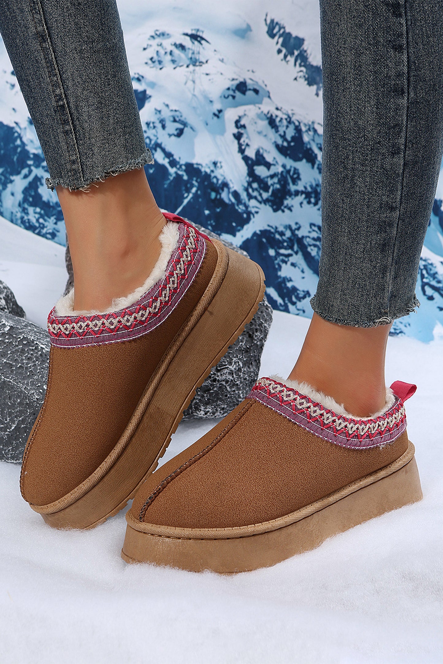 Chestnut Suede Contrast Print Plush Lined Snow Boots