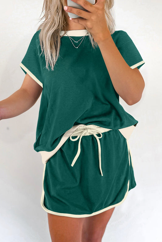 Evergreen Colorblock Edge Drop Shoulder Top and Skort-2Pcs Set