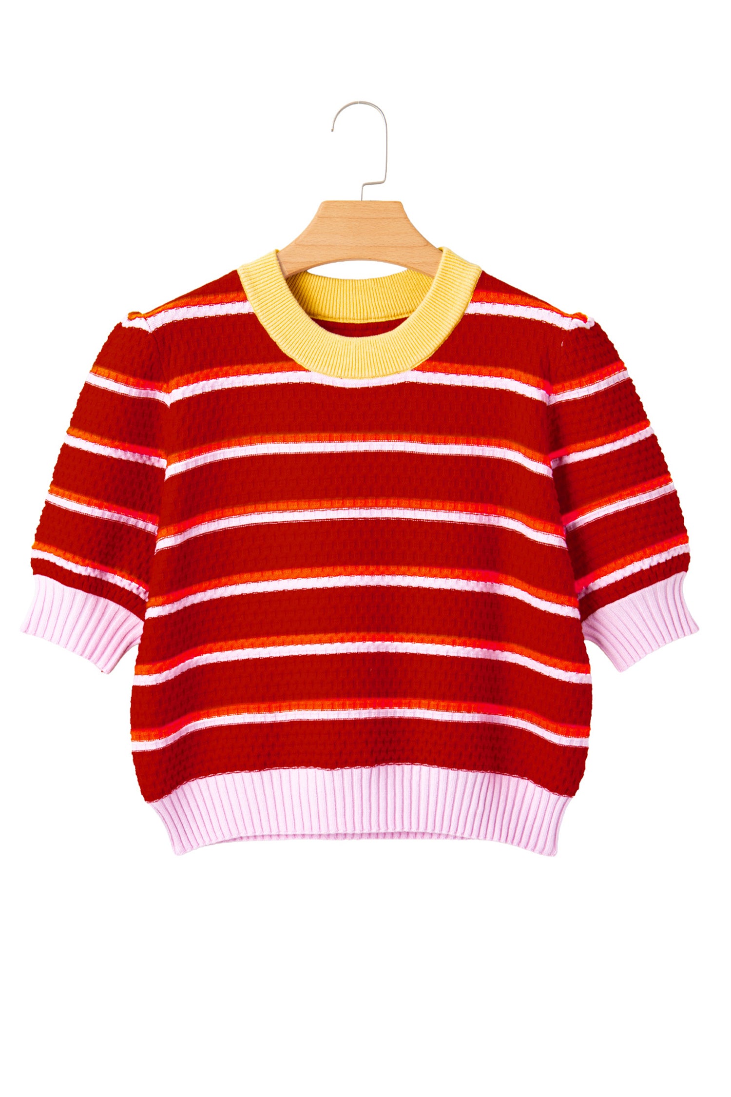 Lavendar Lane Clothing red and white colorblock trim half sleeve sweater top, short sleeve knit sweater with stylish design.
