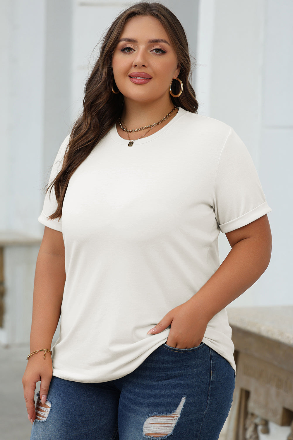 White Casual Plain Crew Neck Top