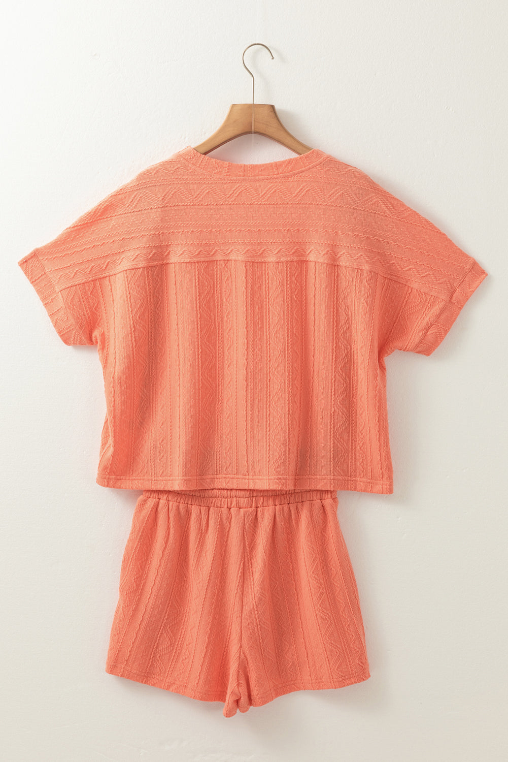 Lavendar Lane Clothing Pale Chestnut textured patched pocket short sleeve top and drawstring shorts set on a model.