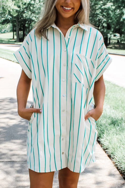 Mint Green Striped Wide Short Sleeve Shift Mini Shirt Dress