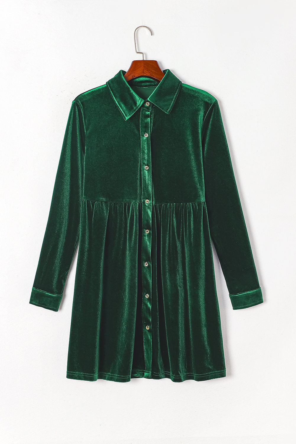 Green Long Sleeve Ruffle Velvet Button Up Dress