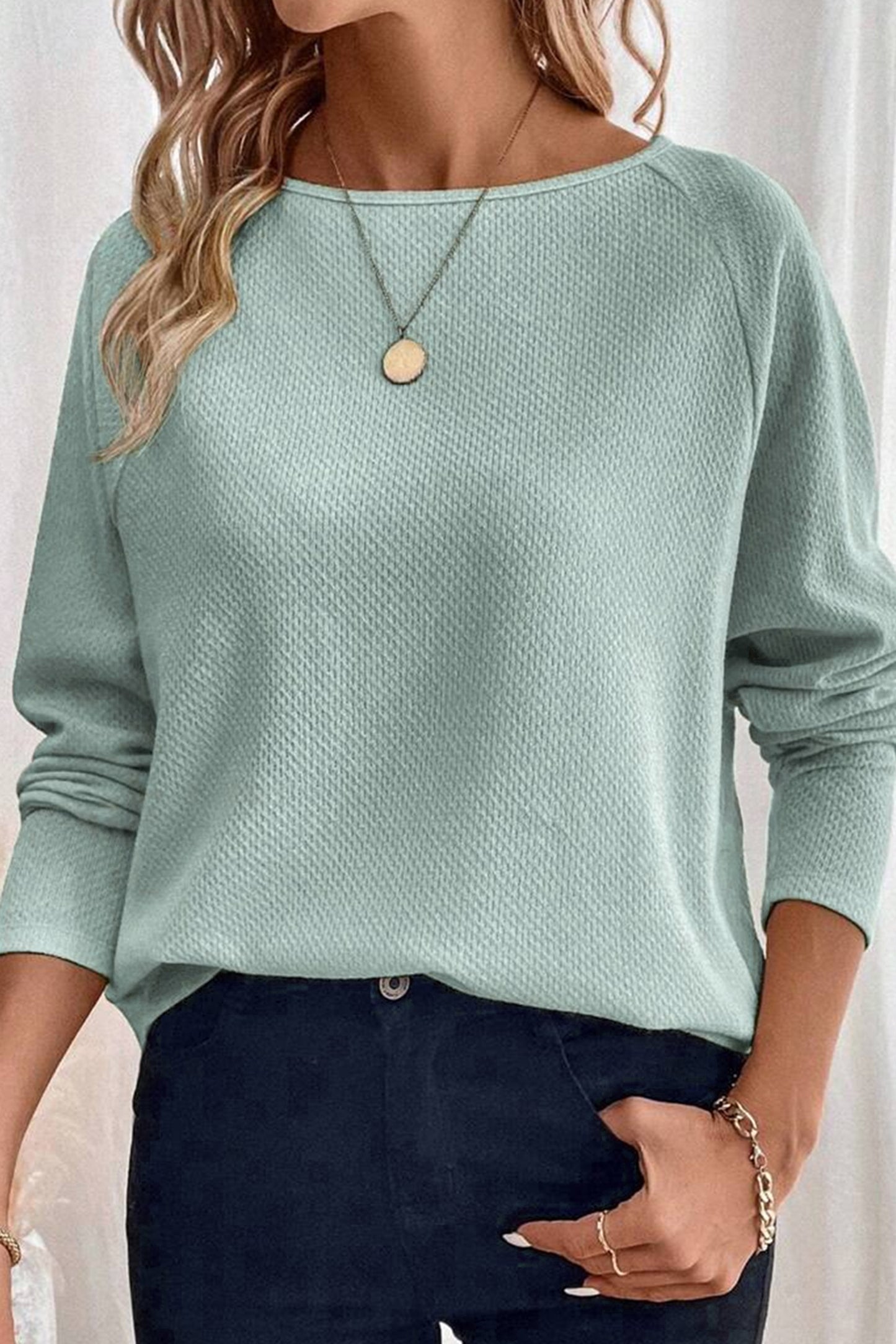 Lavendar Lane Clothing moonlight jade textured raglan sleeve knit blouse, loose fit and stylish for casual wear