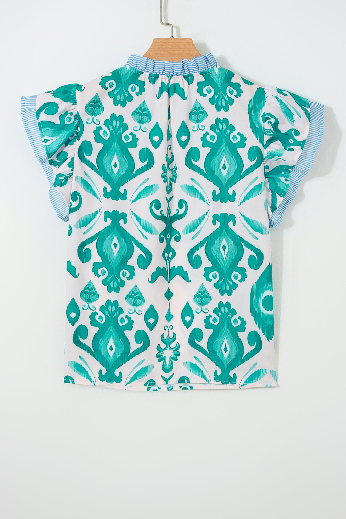 Sky blue ethnic print striped trim flutter sleeve top by Lavendar Lane Clothing, featuring a relaxed fit and lightweight fabric.