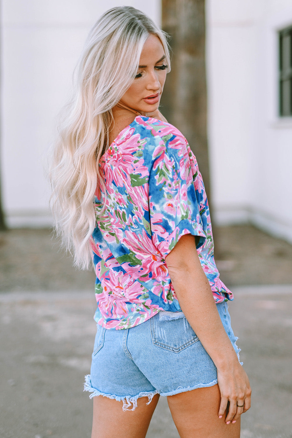 Pink Floral Print Loose Fit V Neck Top