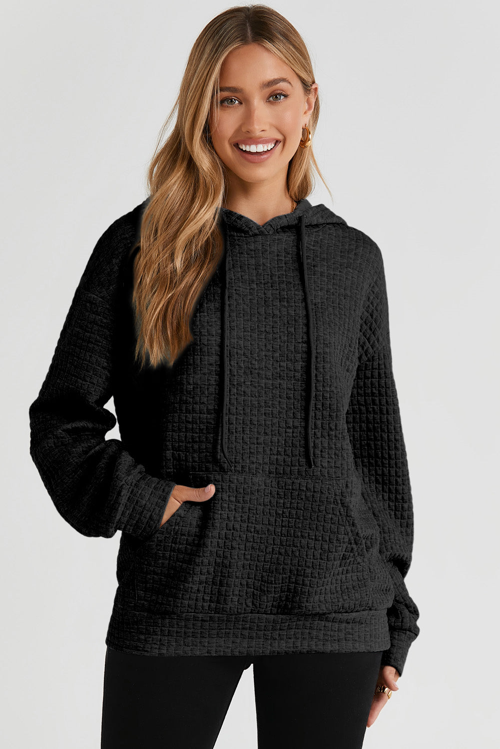 Black Quilted Kangaroo Pocket Drawstring Hoodie