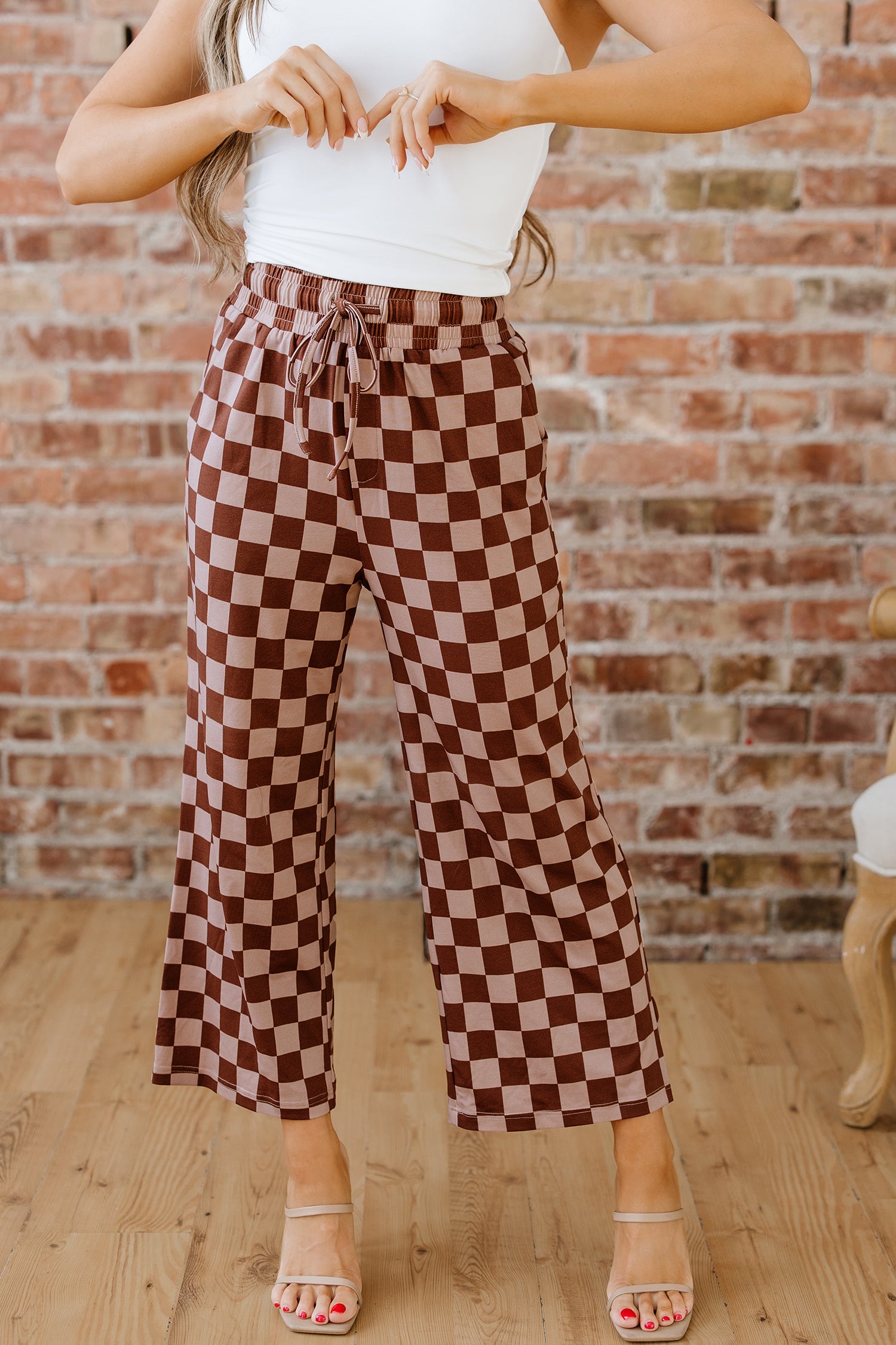 Khaki checkered elastic high waist casual pants from Lavendar Lane Clothing, loose fit with a stylish checkered pattern.