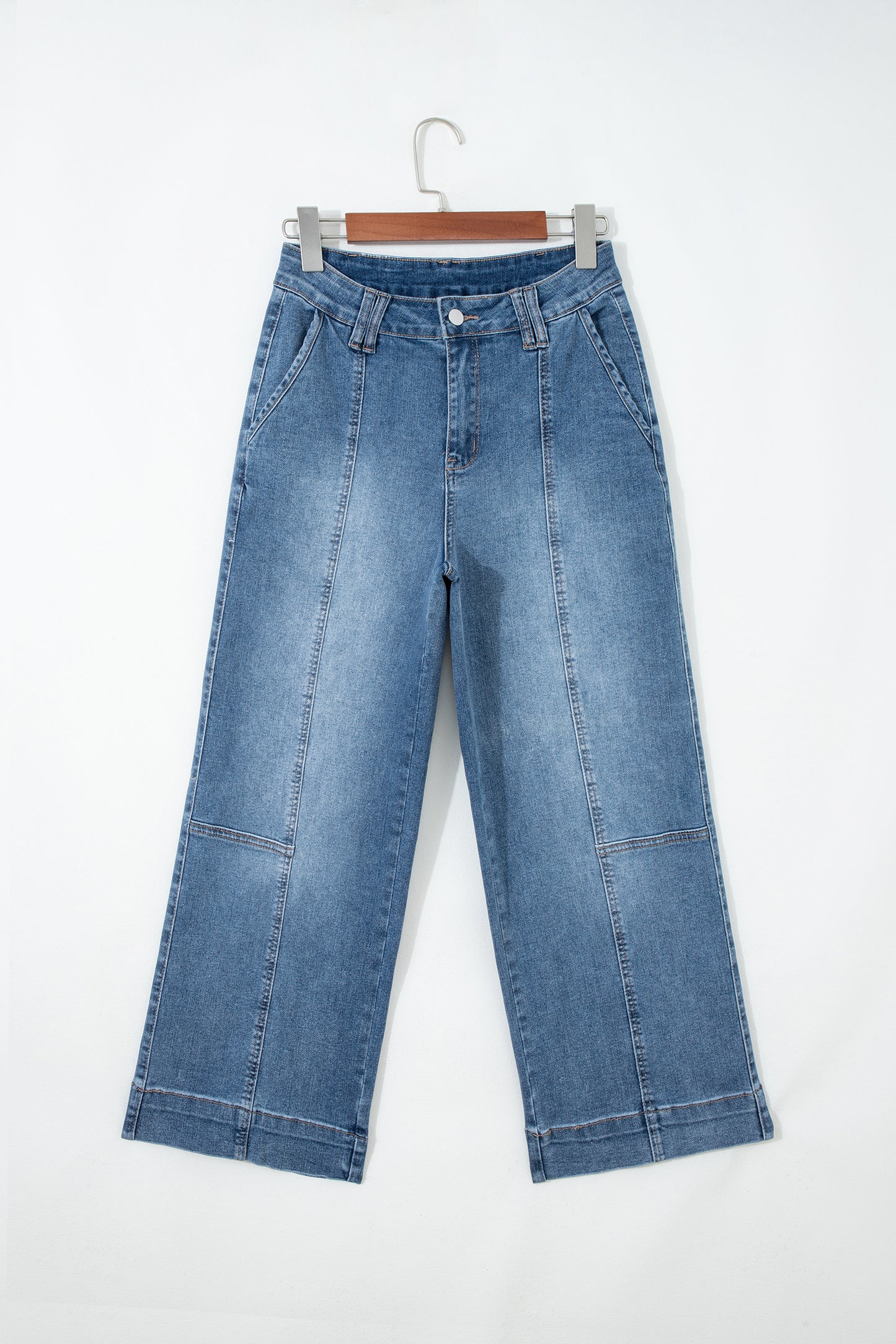 Lavendar Lane Clothing Sail Blue straight jeans with exposed stitching, casual denim bottoms, front and back view.