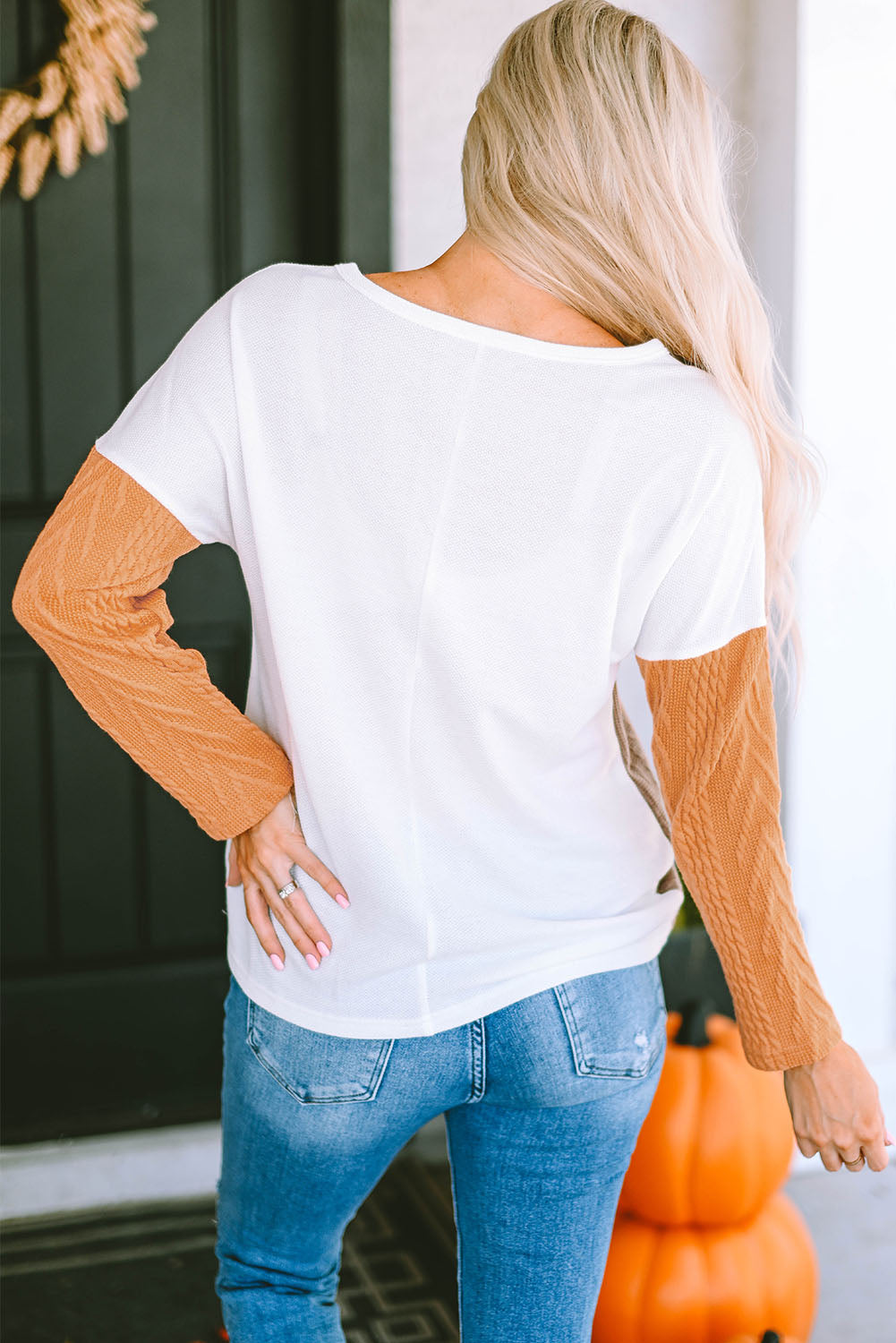 Orange Long Sleeve Colorblock Chest Pocket Textured Knit Top