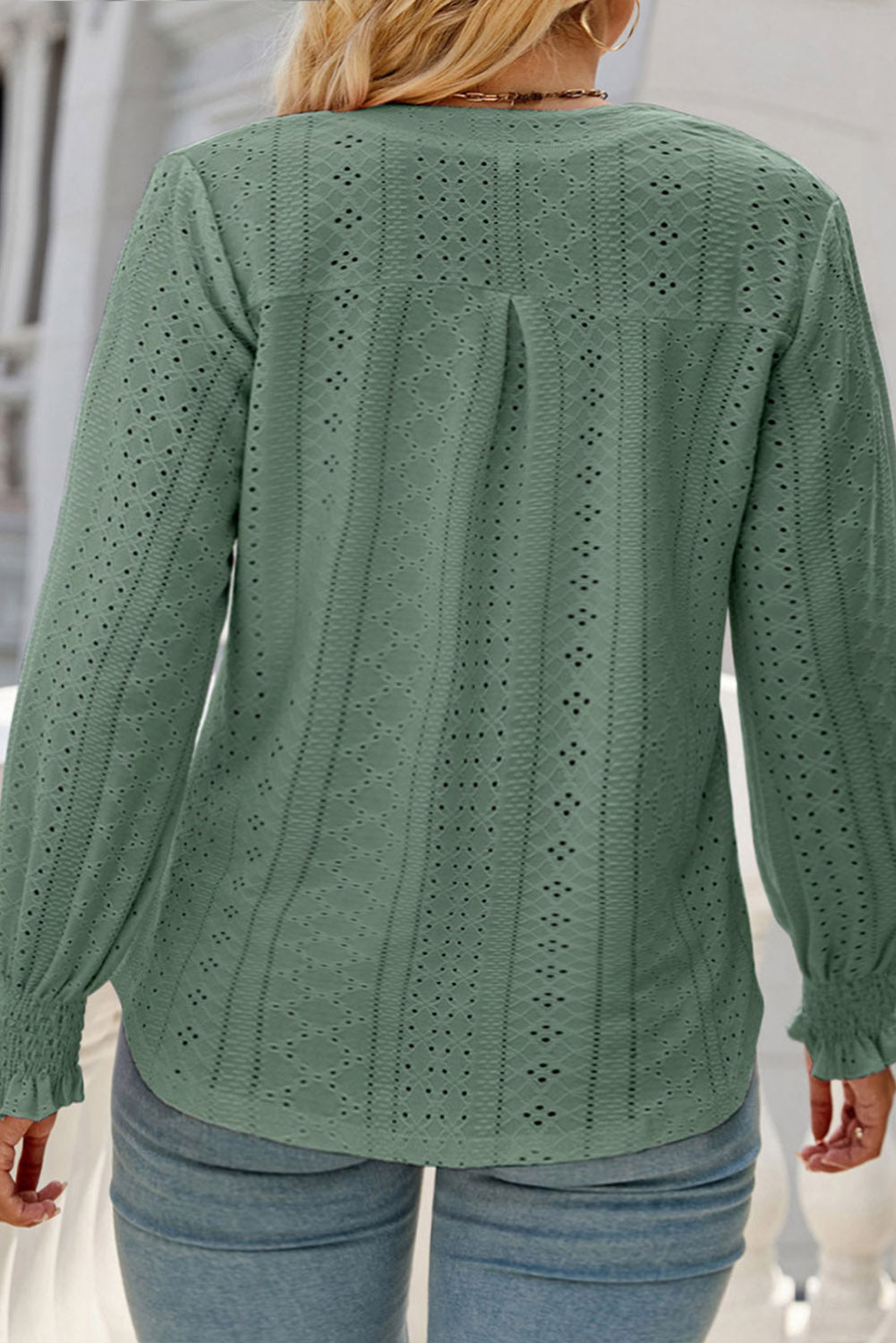 Green Eyelet Jacquard Split Neck Flounce Sleeve Plus Size Blouse