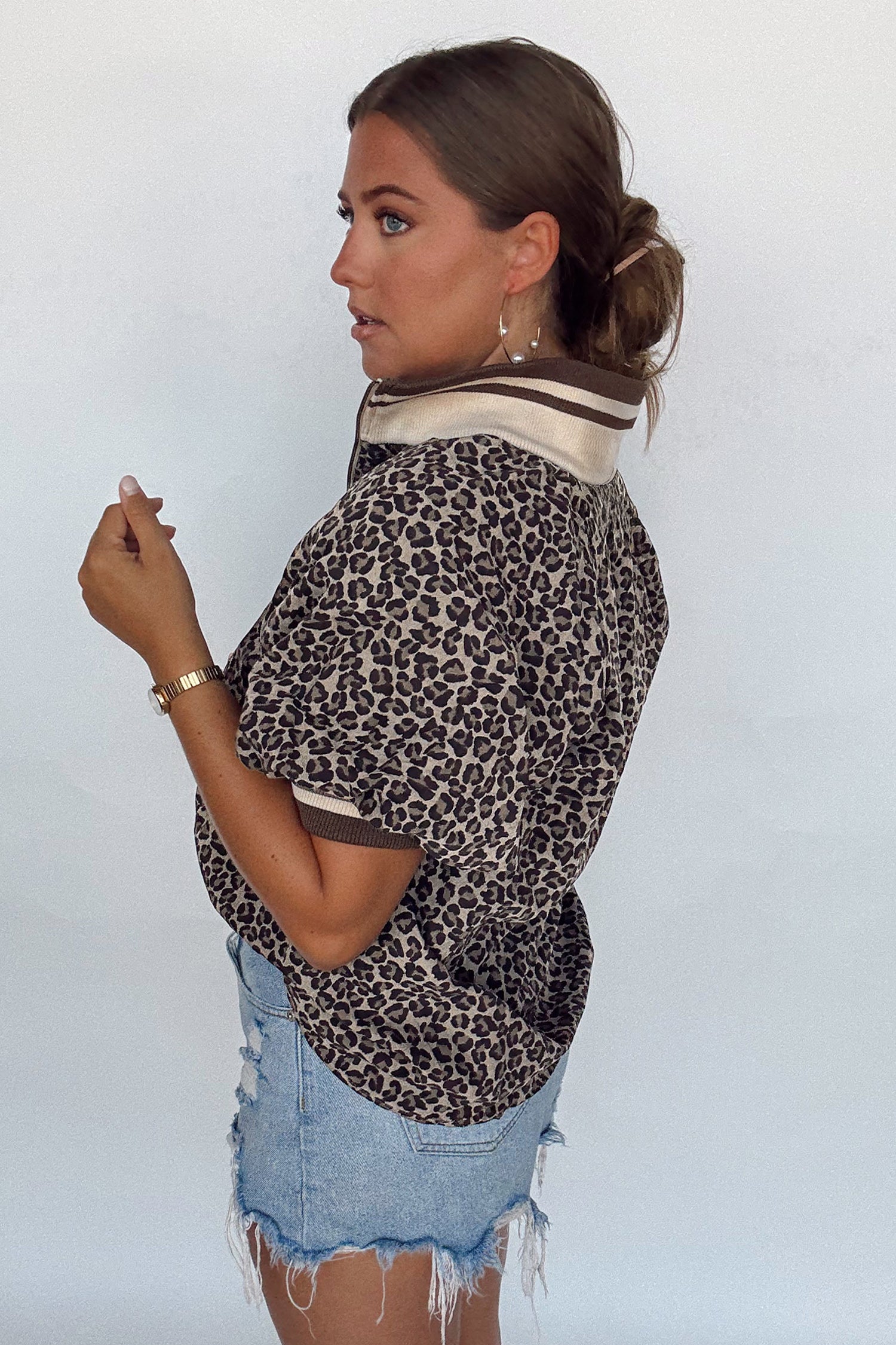 Lavendar Lane khaki leopard print short sleeve blouse with striped trim and patchwork details, half zip top for casual style.