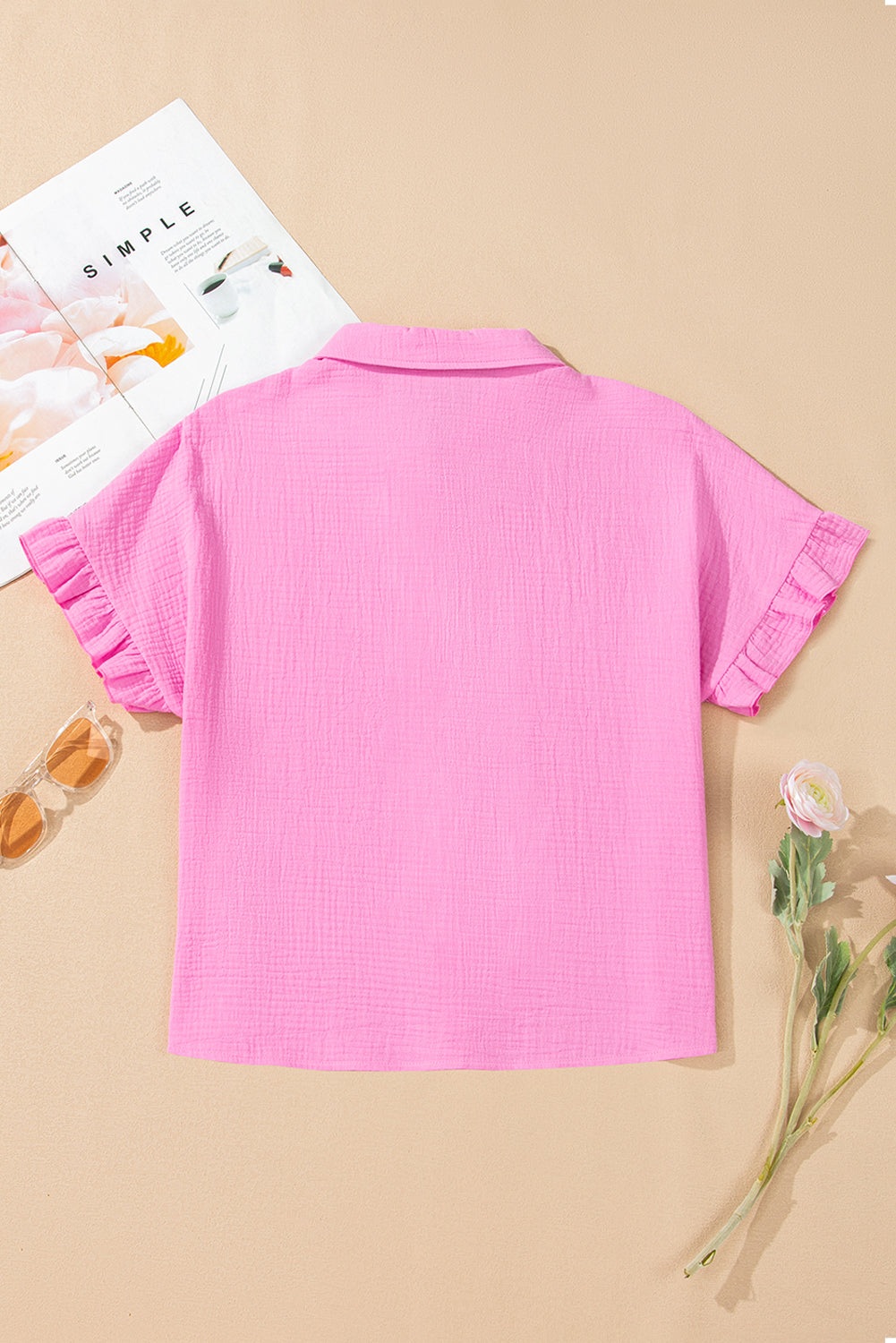 Bonbon Mineral Wash Textured Ruffle Trim Short Sleeve Top