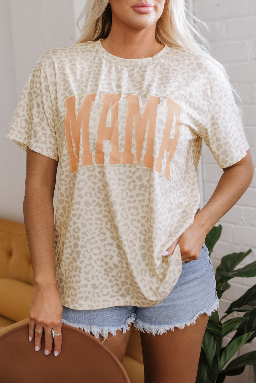 Yellow MAMA Letter Graphic Leopard Loose Tee Shirt