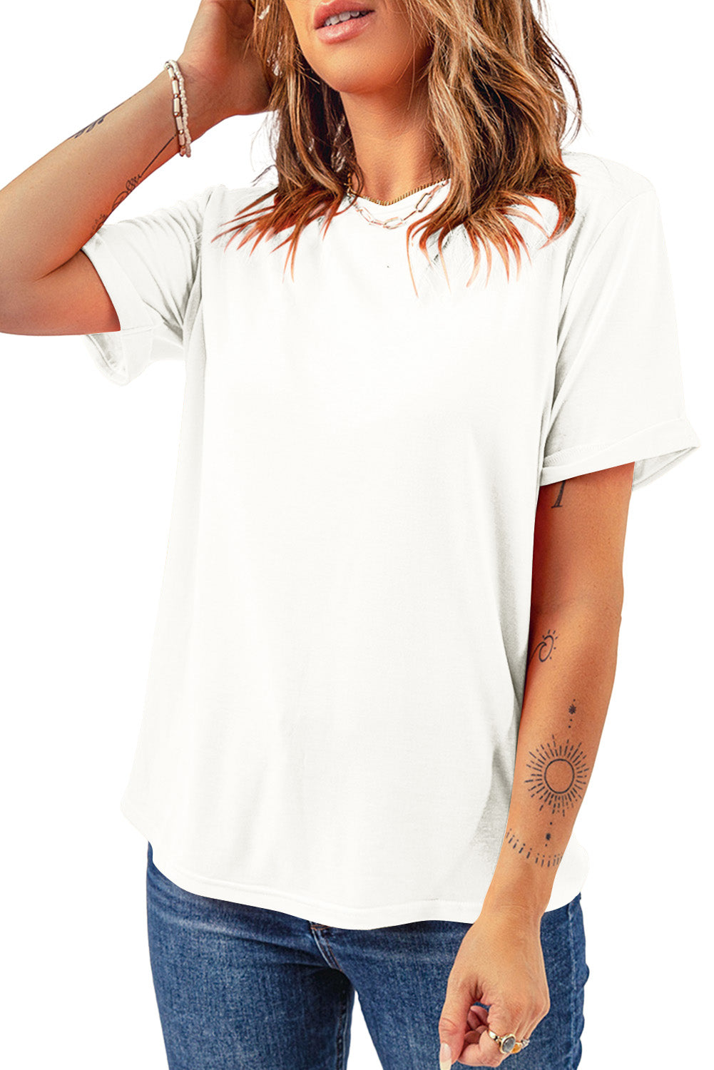 White Casual Plain Crew Neck Top