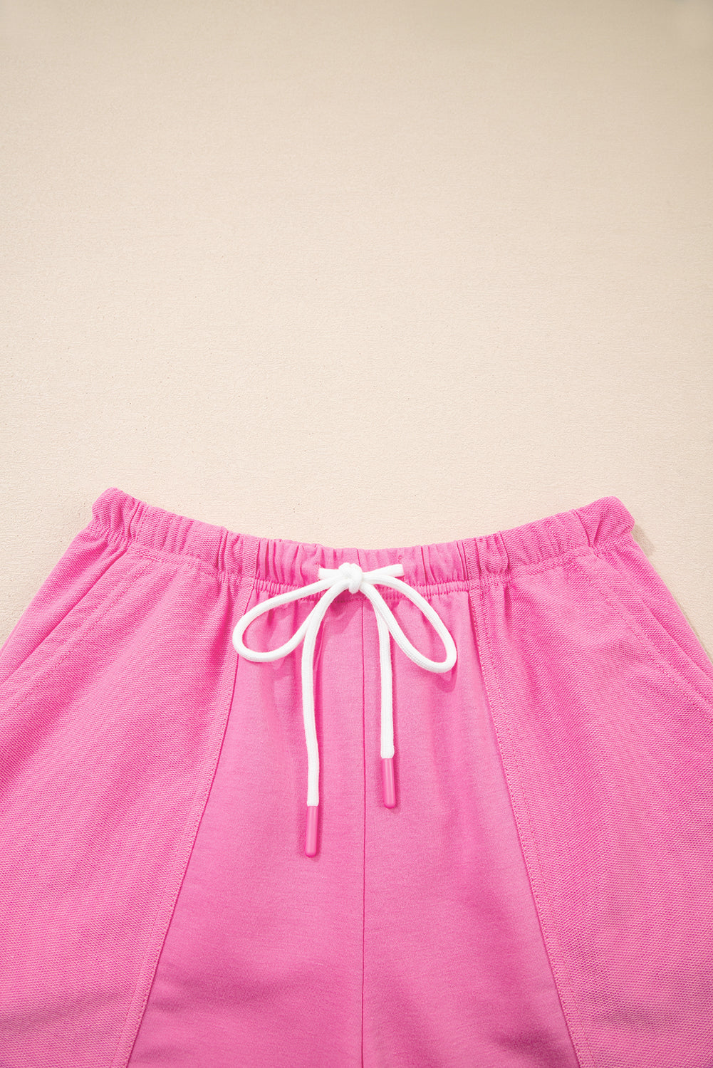 Bonbon V Neck Drop Shoulder Top and Patchwork Drawstring Shorts Set