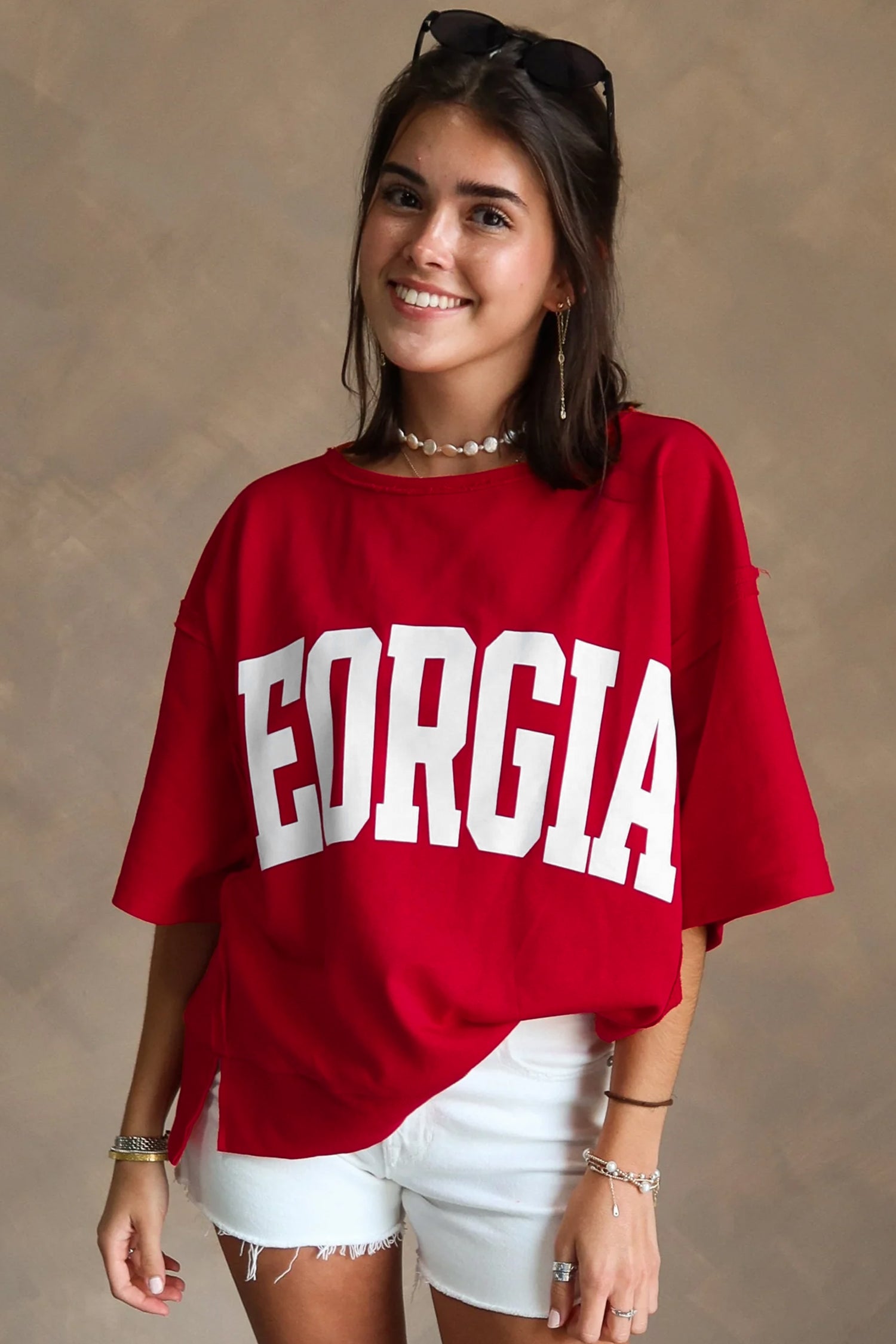 Racing Red Georgia letter printed raw seam drop shoulder loose blouse by Lavendar Lane Clothing