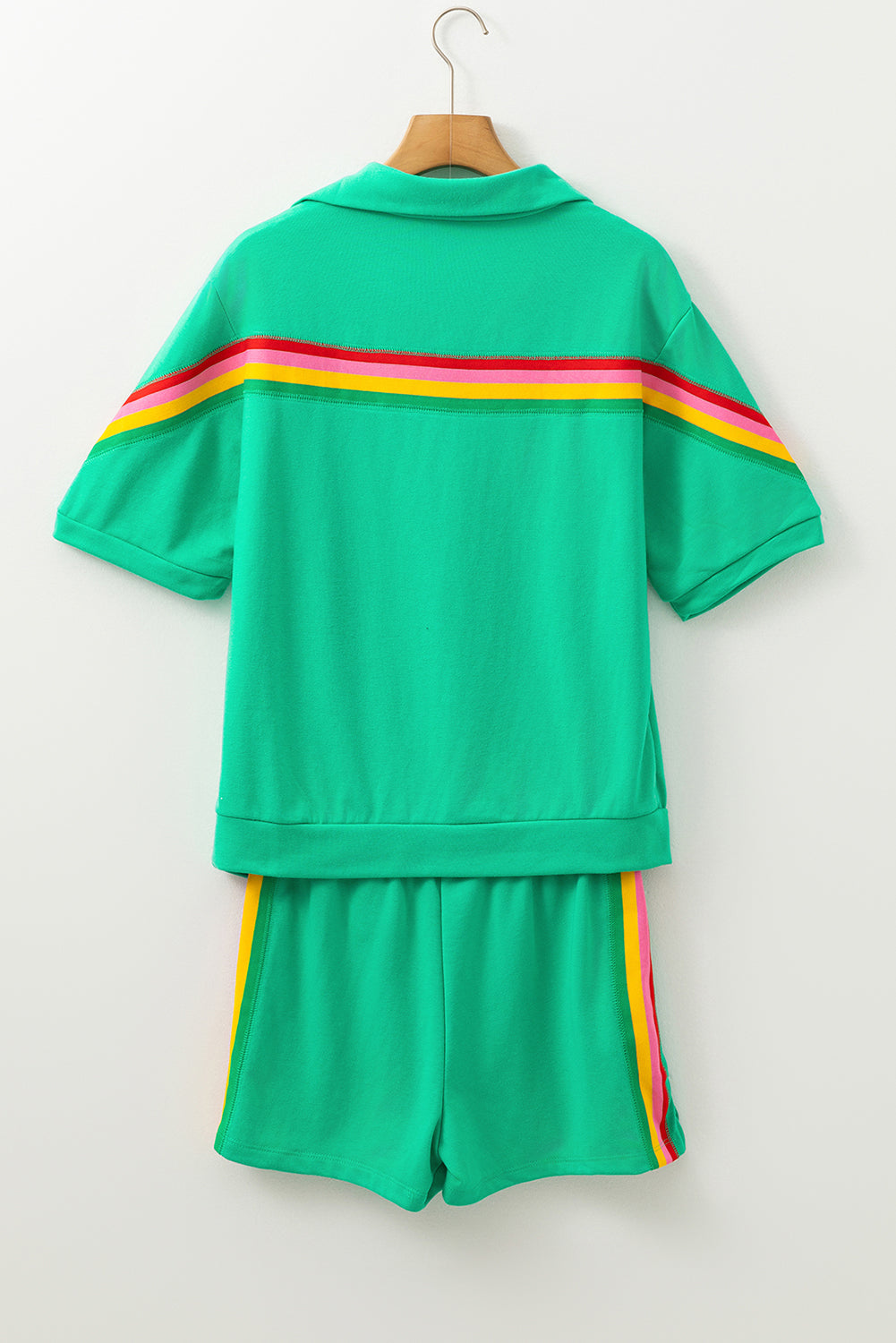 Sea green rainbow colorblock collared short sleeve top with matching shorts, Lavendar Lane Clothing two-piece set, casual and stylish.