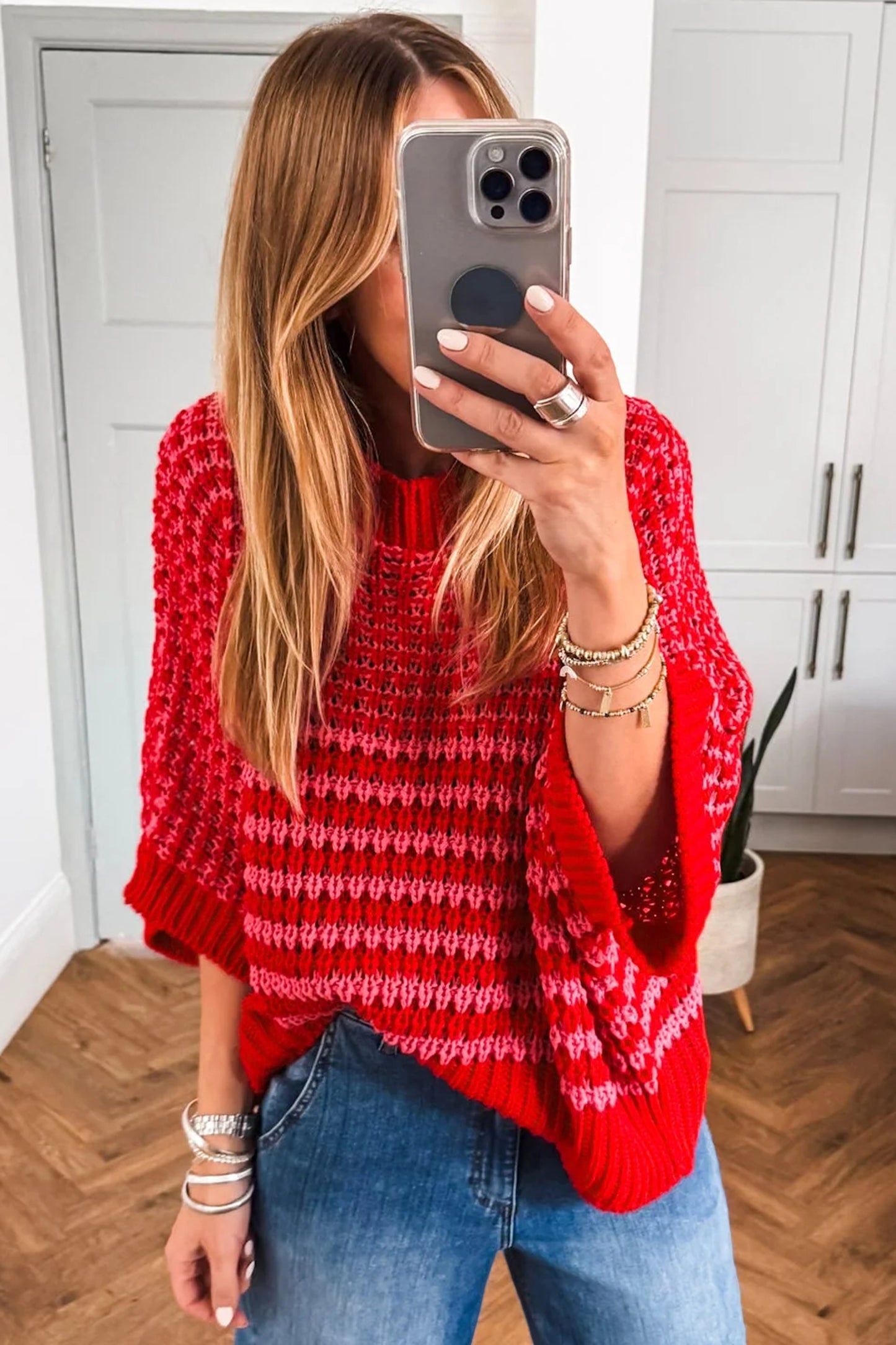 Lavendar Lane Clothing red stripe 3/4 draped sleeve slouchy sweater, casual knit with relaxed fit and stylish design.
