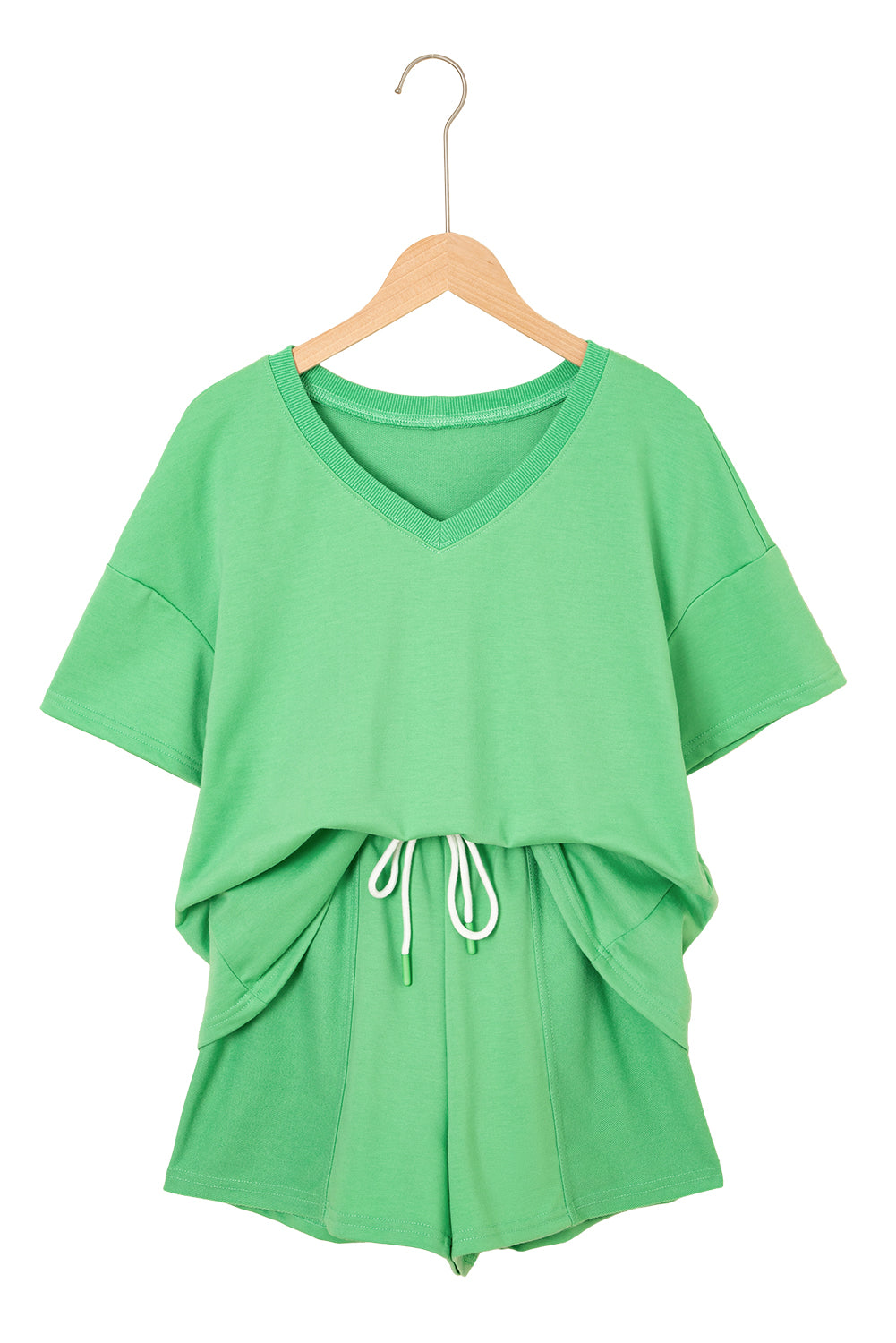 Mint Green V Neck Drop Shoulder Top and Patchwork Drawstring Shorts Set