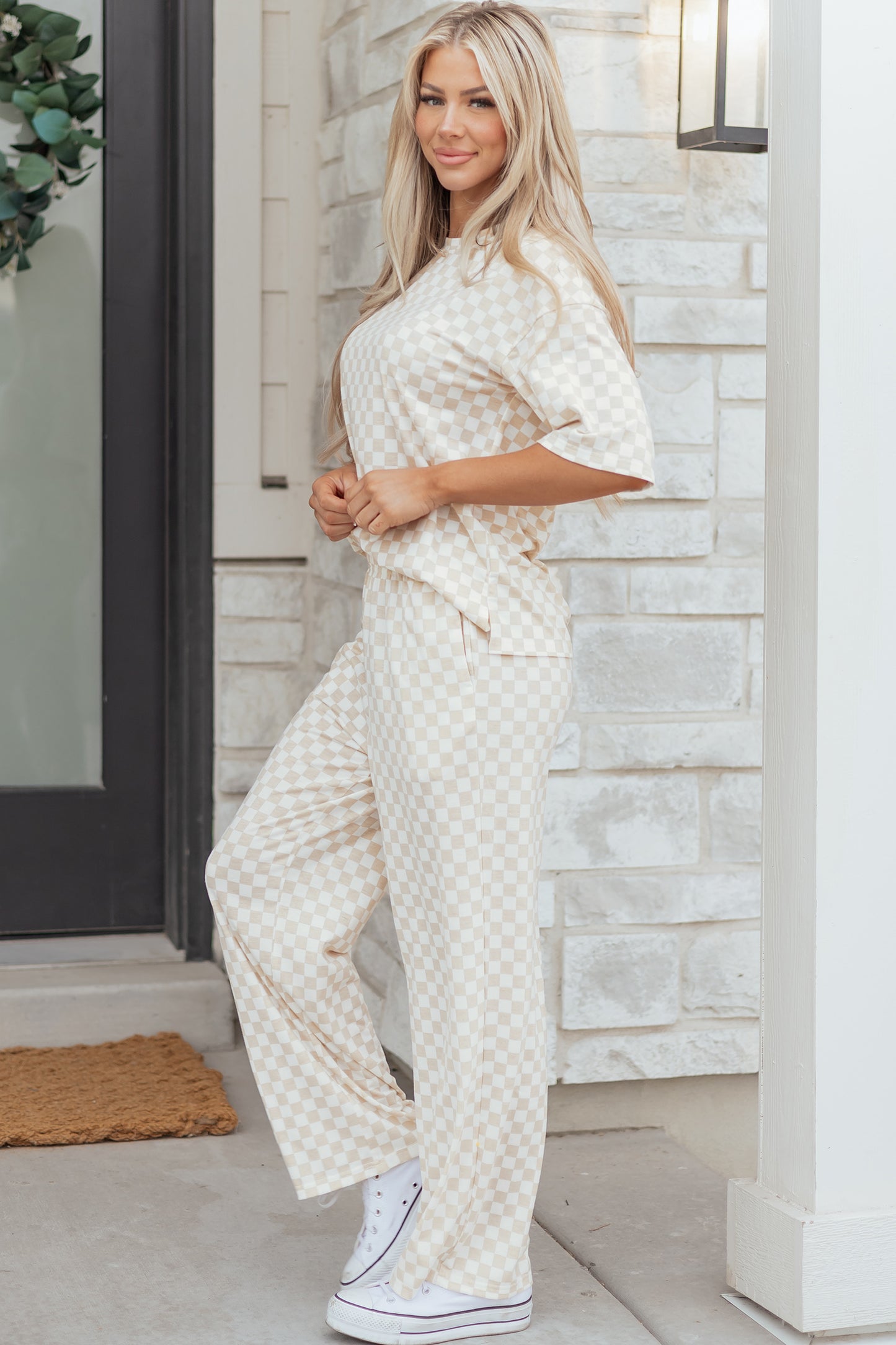Lavender Lane Clothing khaki checkered print half sleeve tee and lounge pant set, comfortable loungewear for relaxed casual wear.