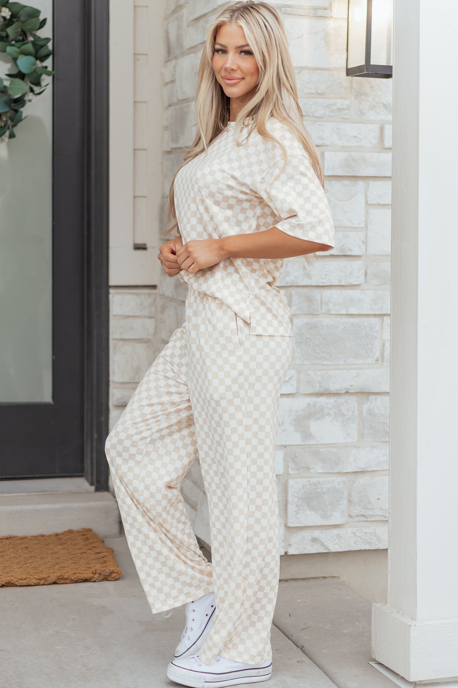 Lavender Lane Clothing khaki checkered print half sleeve tee and lounge pant set, comfortable loungewear for relaxed casual wear.