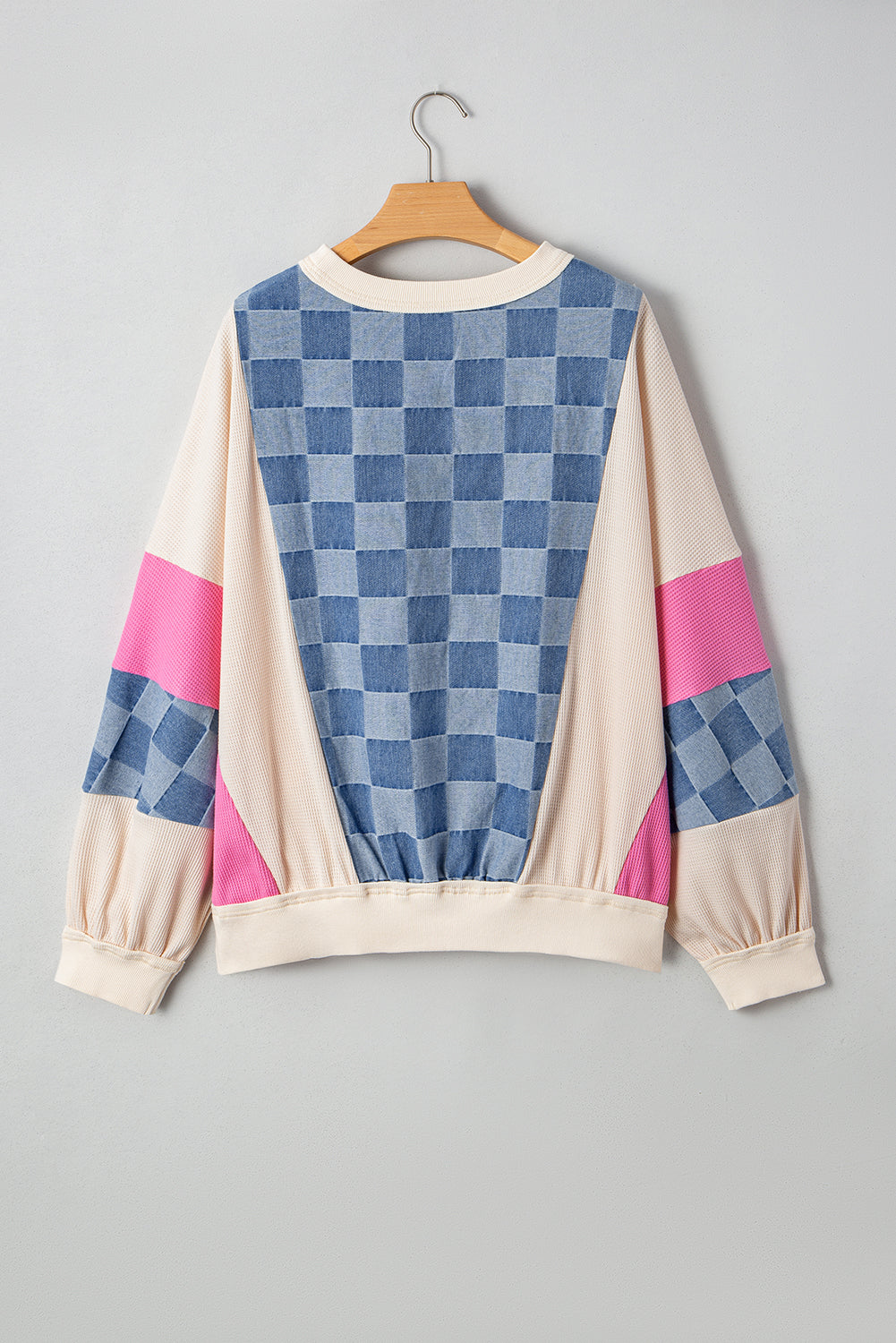 Sky Blue Oversized Checkered Denim Exposed Seam Patchwork Casual Top