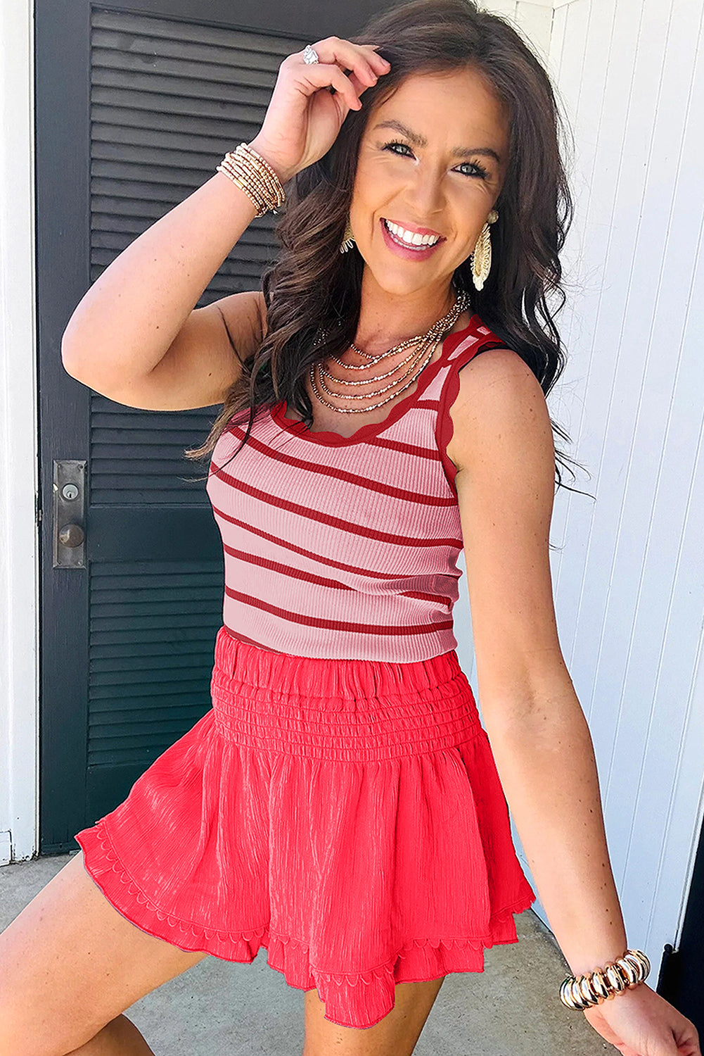 Rose Stripe Striped Scalloped Edge U Neck Sleeveless Sweater Vest - Lavendar Lane Clothing