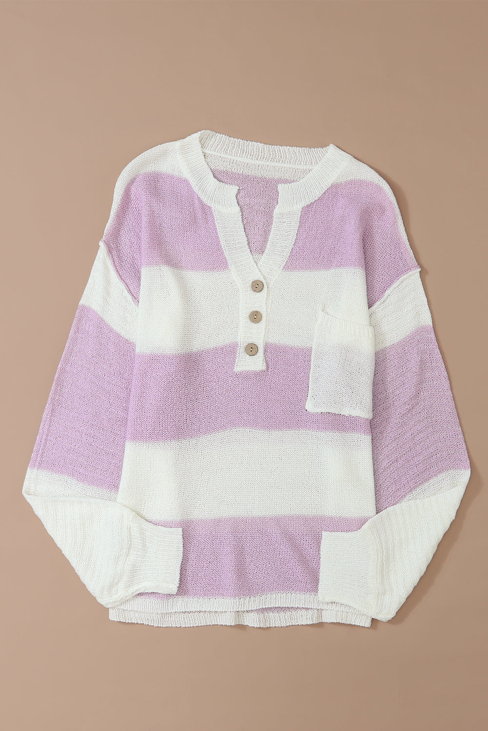 Pink Striped Knit Button Ribbed Split Neck Sweater