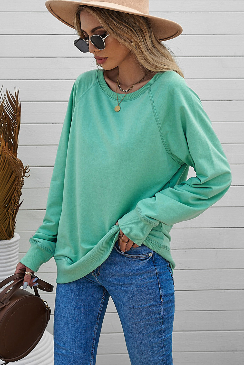 Green French Terry Cotton Blend Pullover Sweatshirt