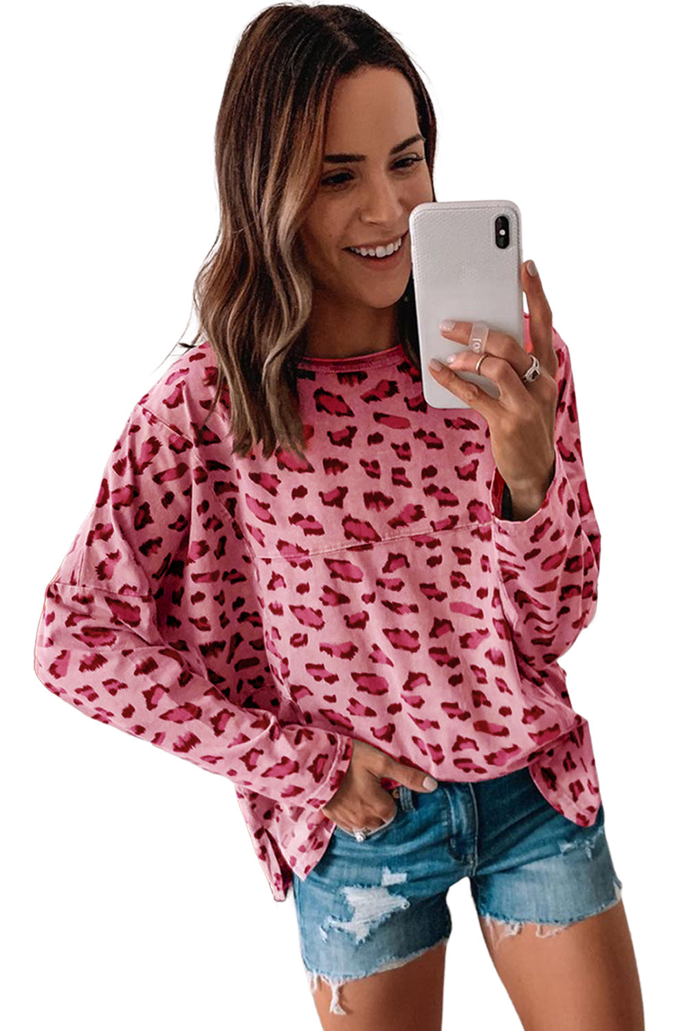 Pink Animal Print Stitching Loose Long Sleeve Top