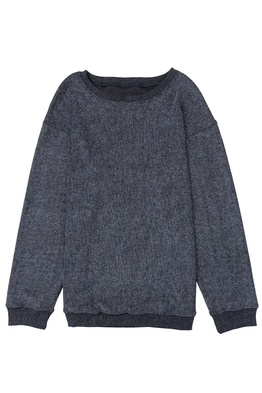 Gray Solid Ribbed Knit Round Neck Pullover Sweatshirt