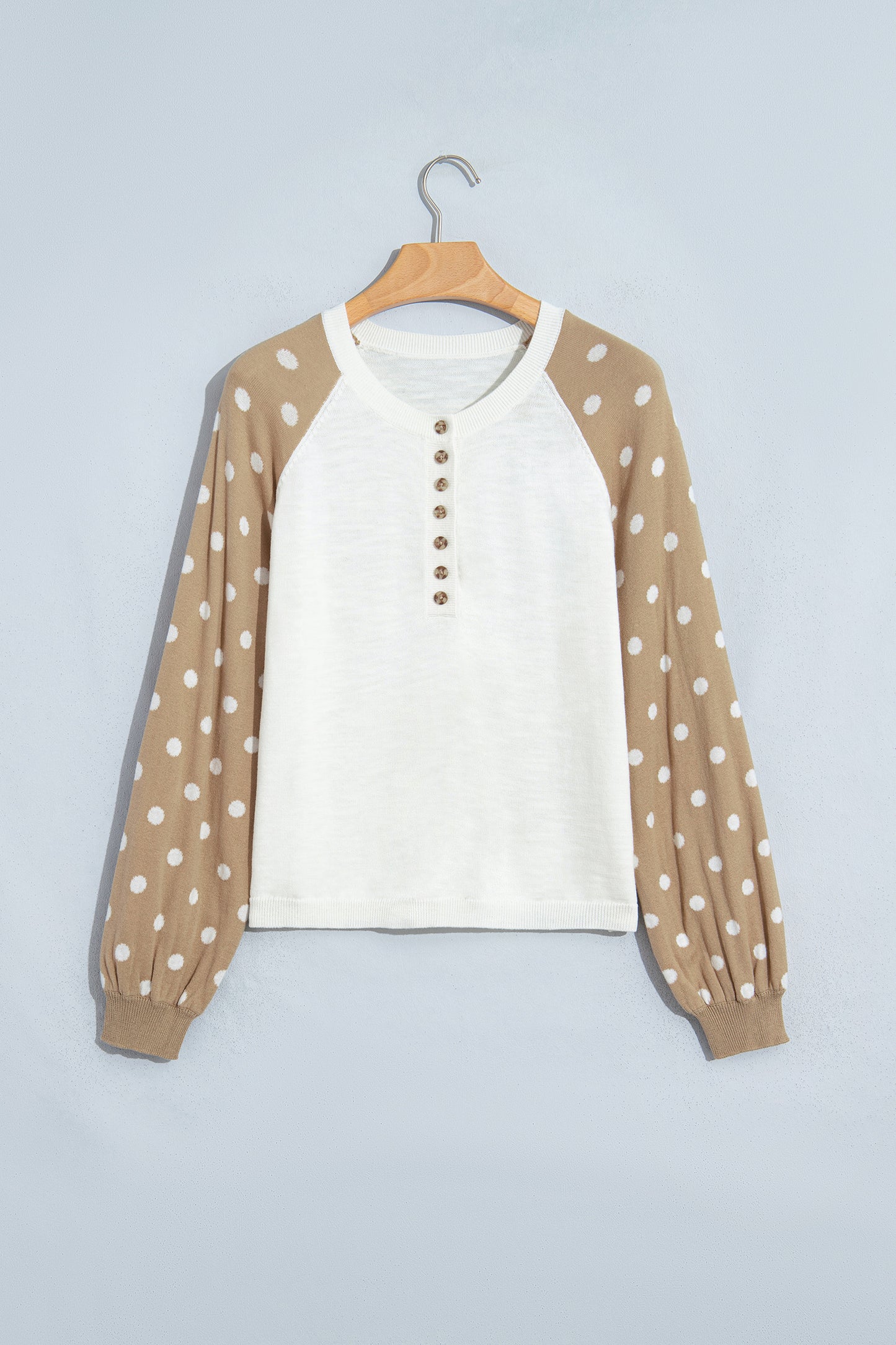Khaki Polka Dot Contrast Long Sleeve Button V Neck Sweater